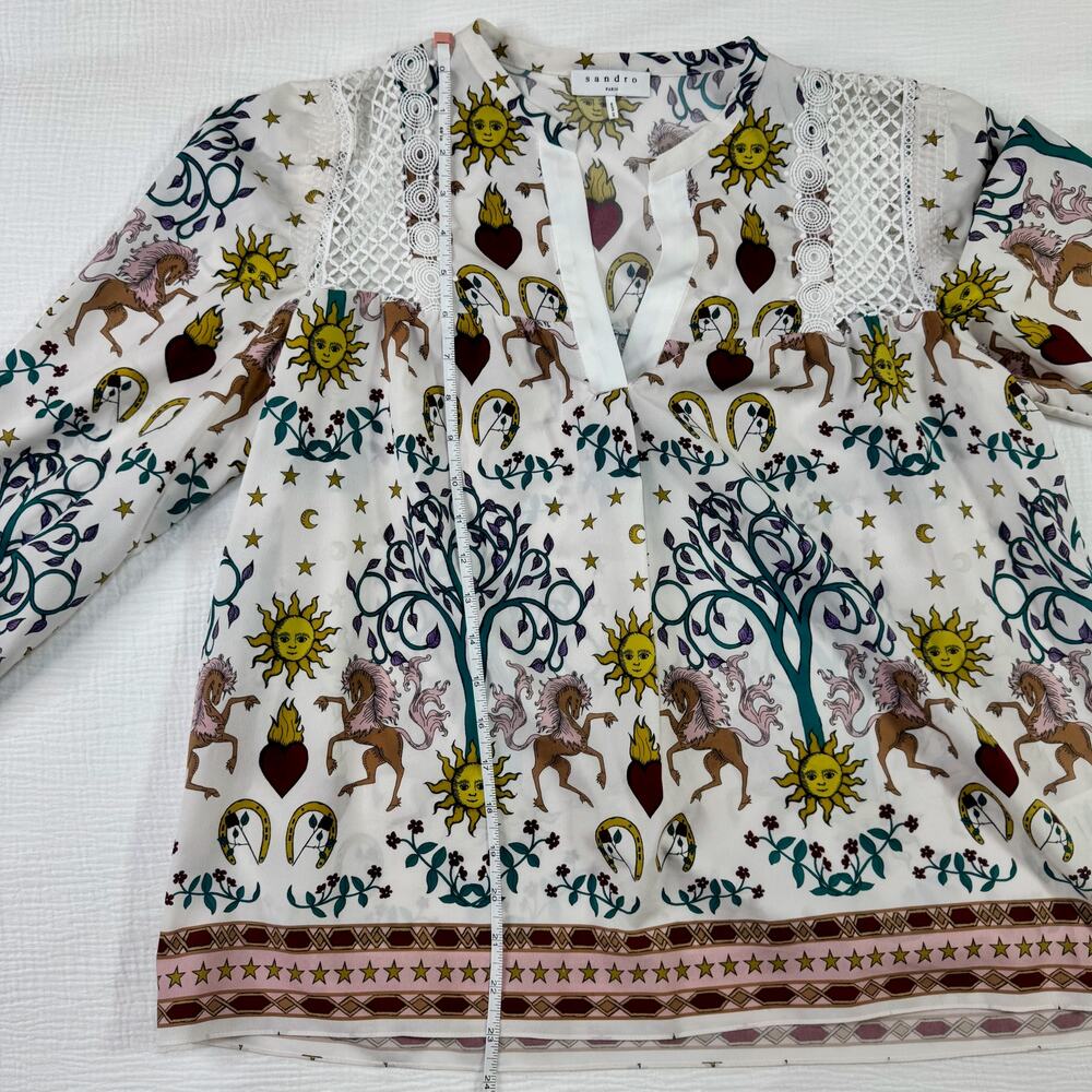 Sandro Paris Azucar Chiffon Blouse Tarot Print Lace Ivory Sz 1 Small Celestial - Picture 7 of 16